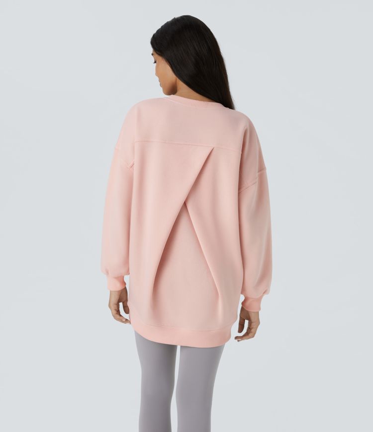 Felpa oversize casual in pile con scollo rotondo