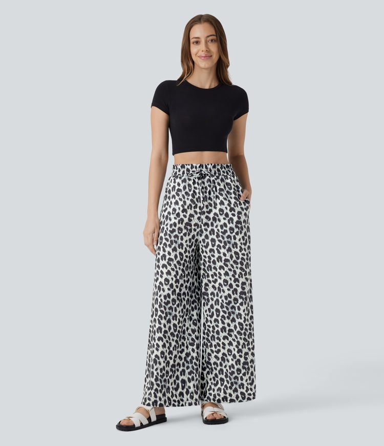 ColaComfort™ - Pantaloni casual con vita alta, tasche laterali, coulisse e stampa leopardata