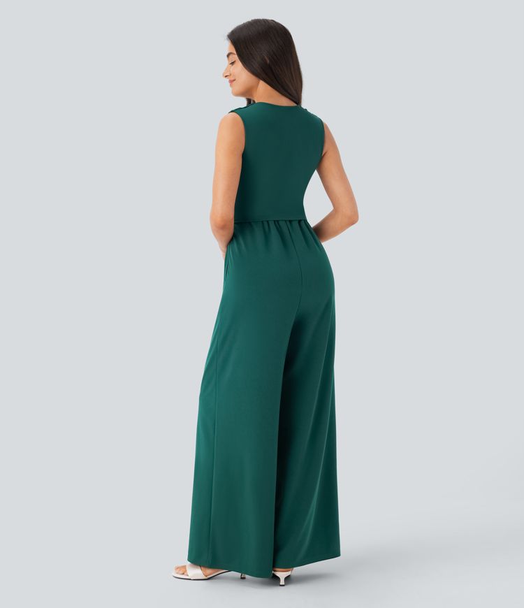 ColaSuit™ - Jumpsuit da festa senza maniche con scollo a V, tasche laterali e zip invisibile - Easy Peezy