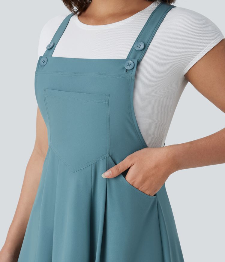 Classico™ - Abito midi casual e fluido con tasche multiple, spalline regolabili e bottoni