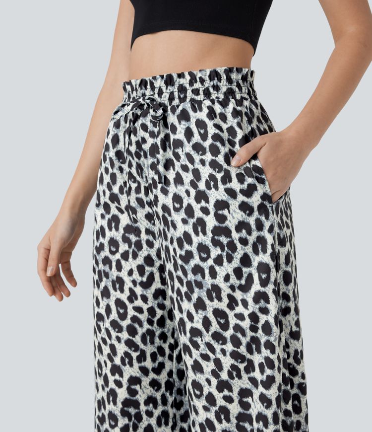 ColaComfort™ - Pantaloni casual con vita alta, tasche laterali, coulisse e stampa leopardata